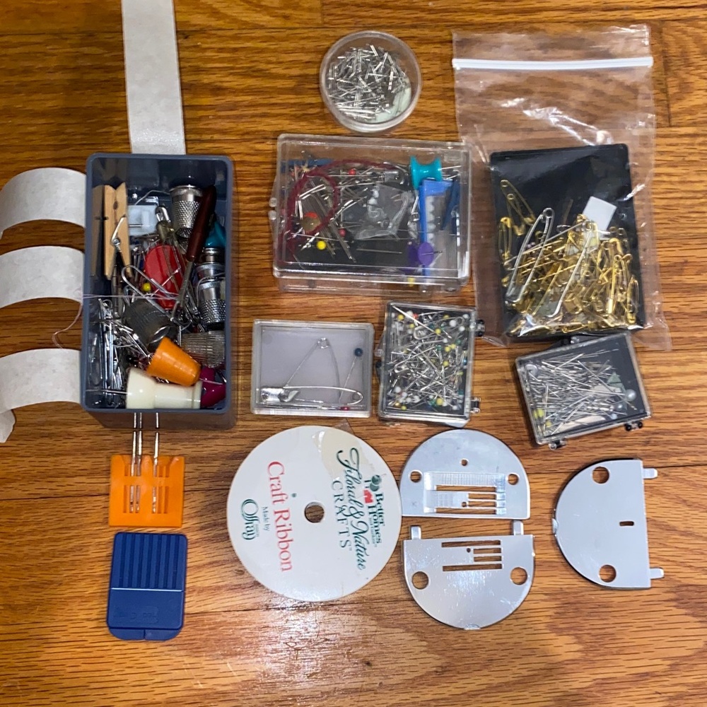 Bundle of Sewing Notions Ribbon Needles Thimbles Safety Pins + More